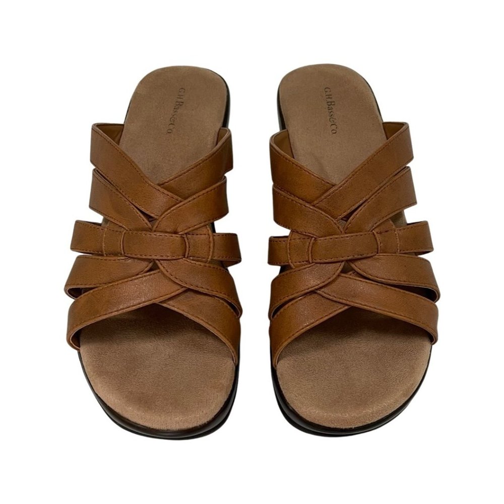 G.H. Bass & Co. Myra Tan Leather Strappy Woven Slide Wedge Sandals 9W NWOT